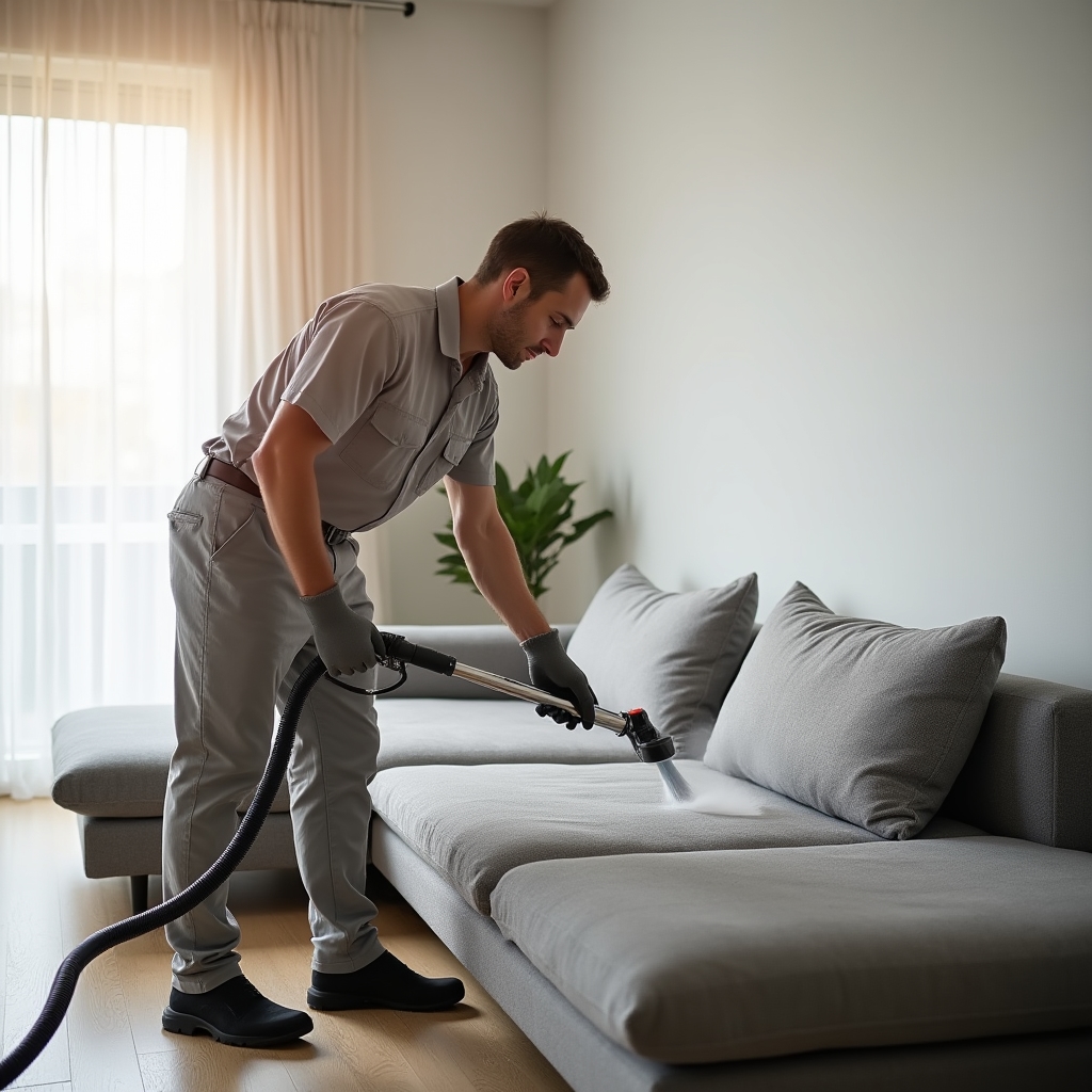 Tecnico che igienizza divano in tessuto con estrattore professionale